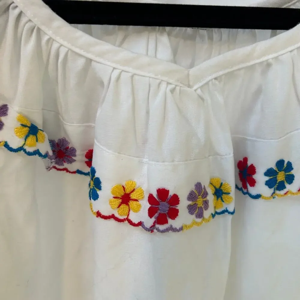 VTG Rockmount Ranch Wear White Floral Embroidered Ruffle Peasant Blouse Boho - Picture 7 of 8